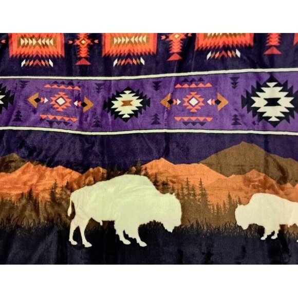 New Purple Rustic Bison Buffalo Sherpa Plush Throw Gift Blanket Native Art Aztec - Picture 3 of 5